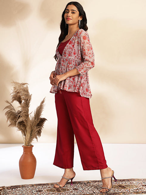 Wine Moss Solid Crop Top with Pant and Jacket